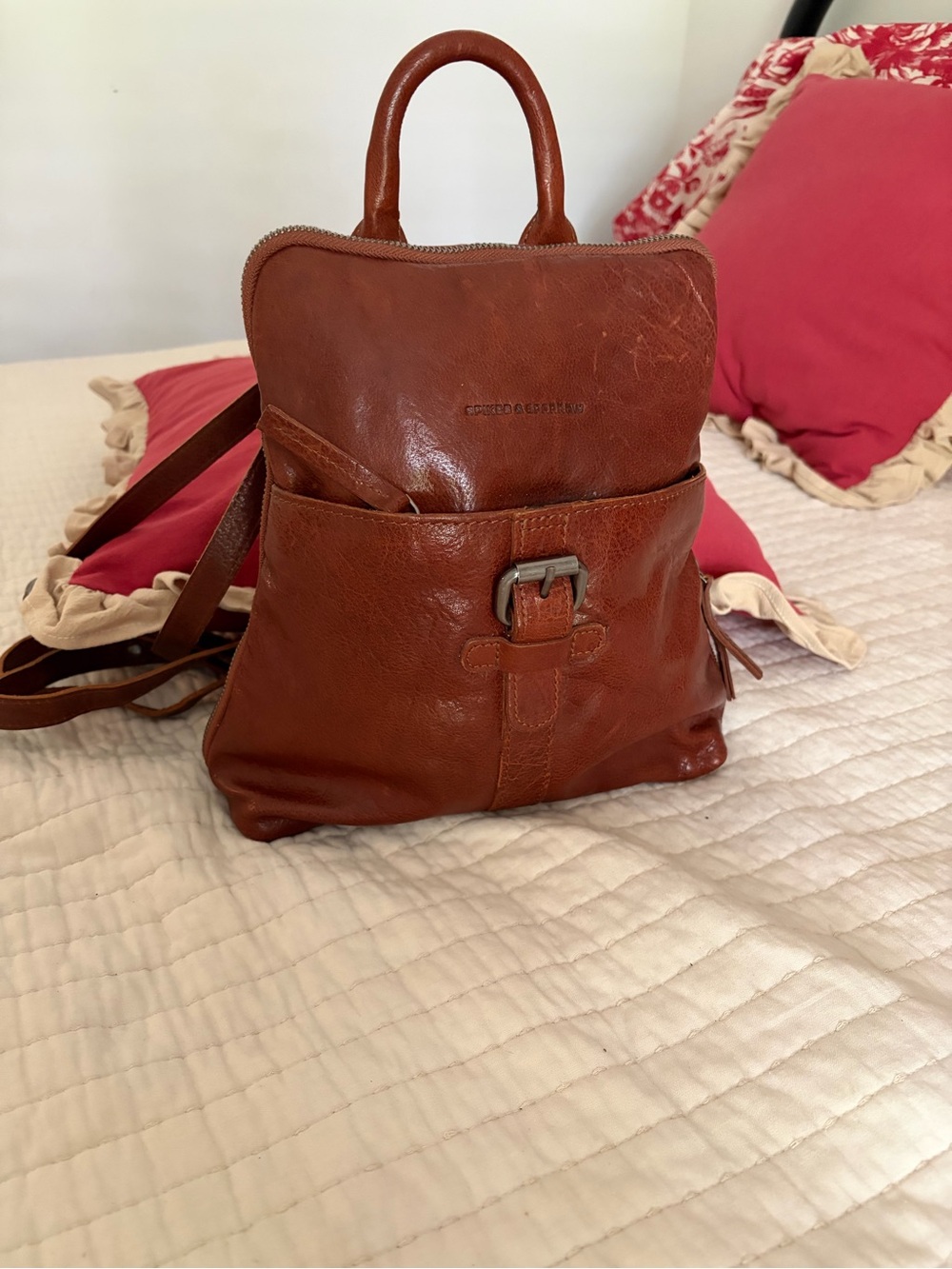 Cognac Leather Backpack with Front Buckle